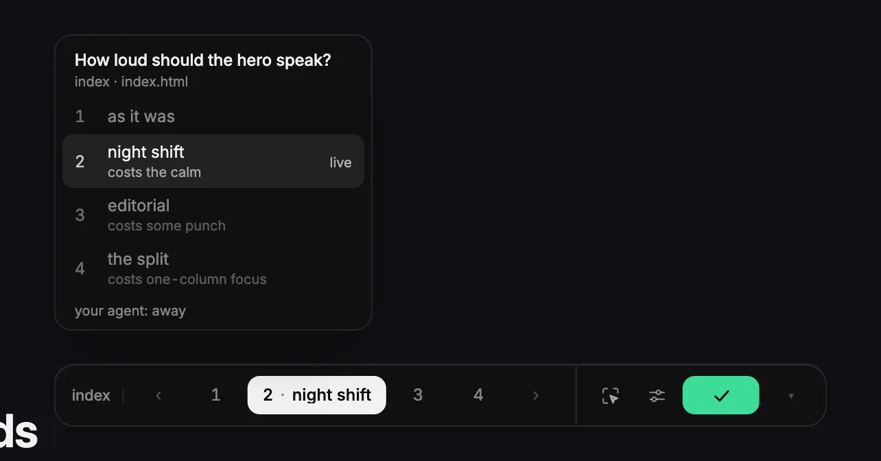 The card's menu, open: the question, how loud should the hero speak, and four named versions each listing its cost