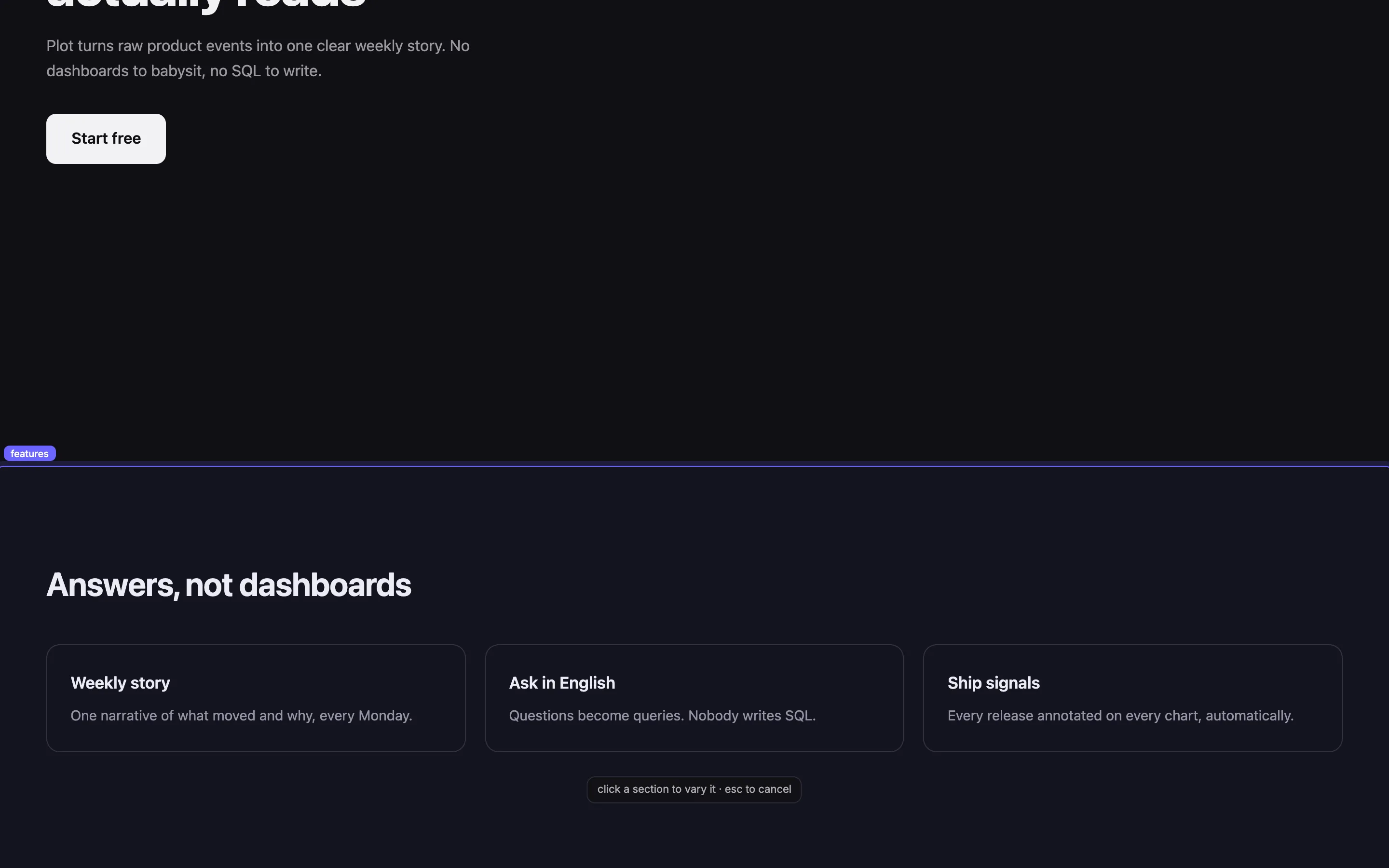 Pick mode: a violet highlight and section tag over the features section of the page